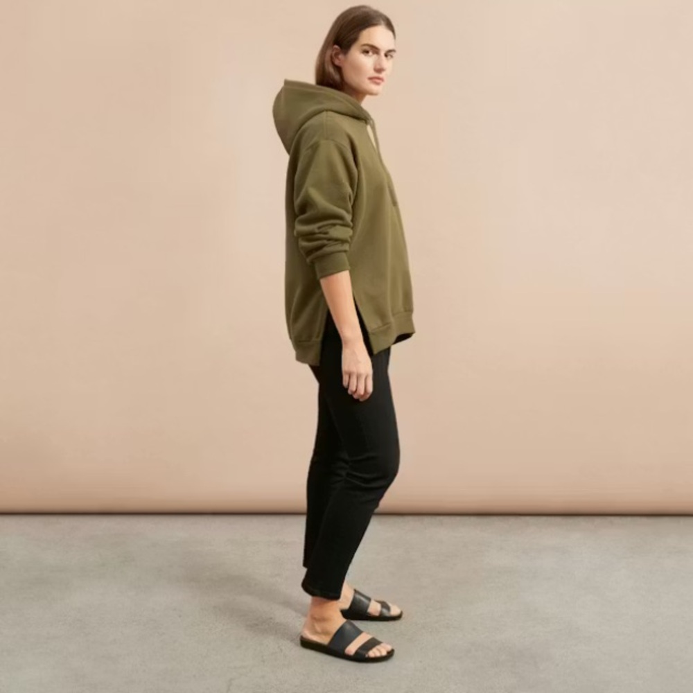 Everlane Oversized Fleece Hoodie Size S Olive Green Sweatshirt Cotton Side Slits - Picture 4 of 10